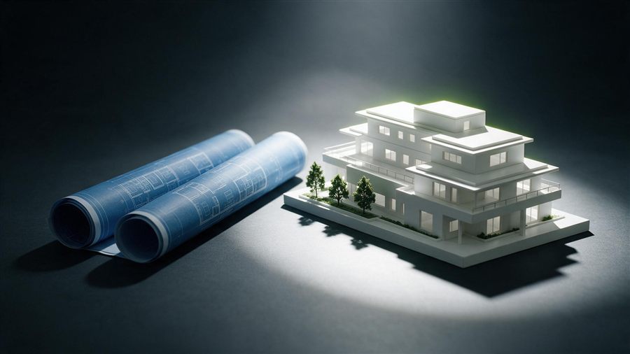 Maquete de edifício e plantas técnicas sobre fundo escuro