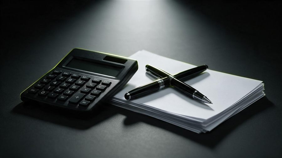 Calculadora, caneta e documentos empilhados sobre fundo escuro