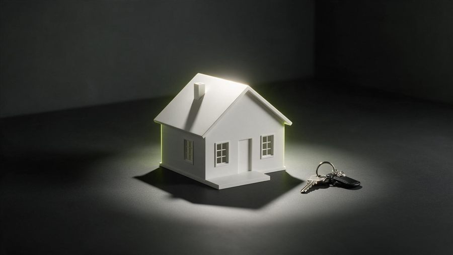 Maquete de casa e molho de chaves sobre fundo escuro