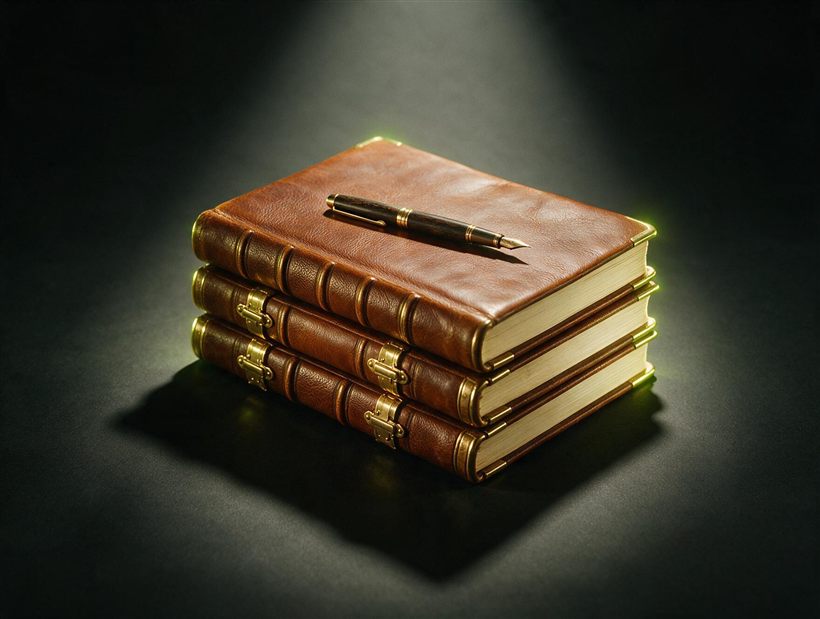 Livros contábeis encadernados em couro com uma caneta-tinteiro