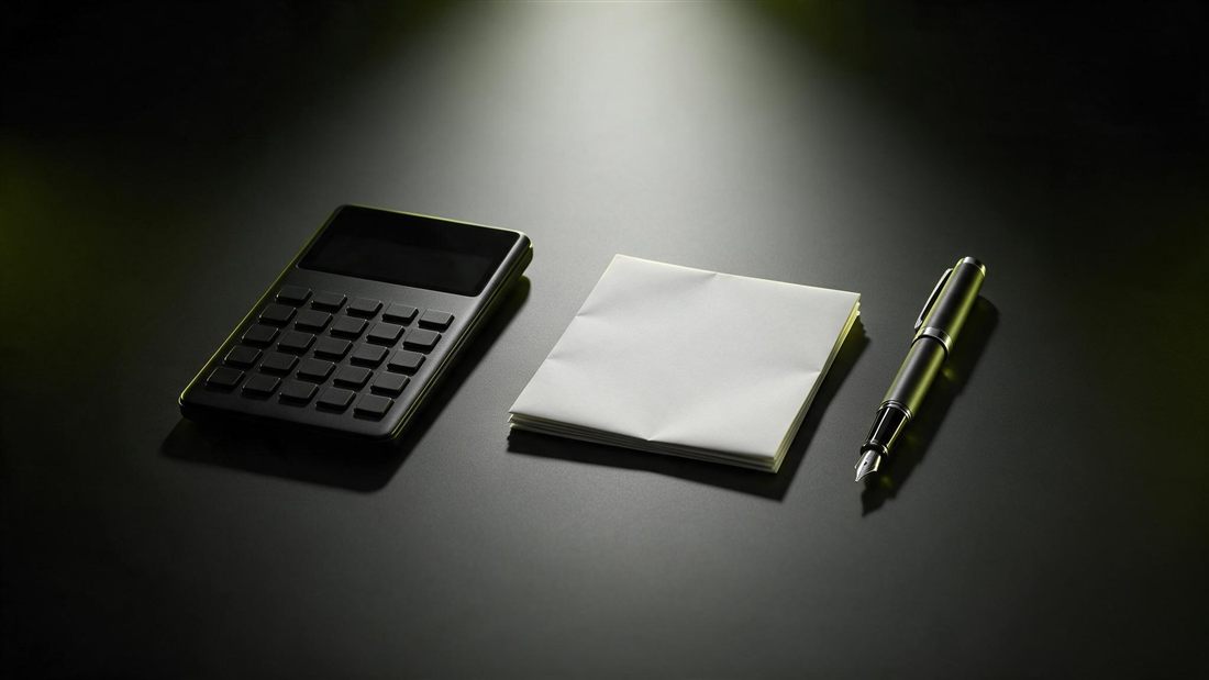 Calculadora, formulário e caneta sobre fundo escuro